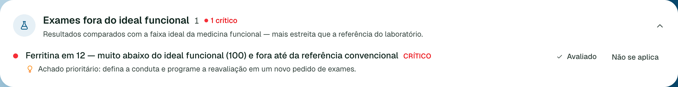 Achado de exame fora do ideal funcional: ferritina abaixo da faixa, marcada como crítica